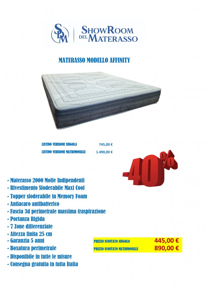 Materasso 2000 Molle Indipendenti Memory Foam Modello Affinity - Tutte le misure disponibili