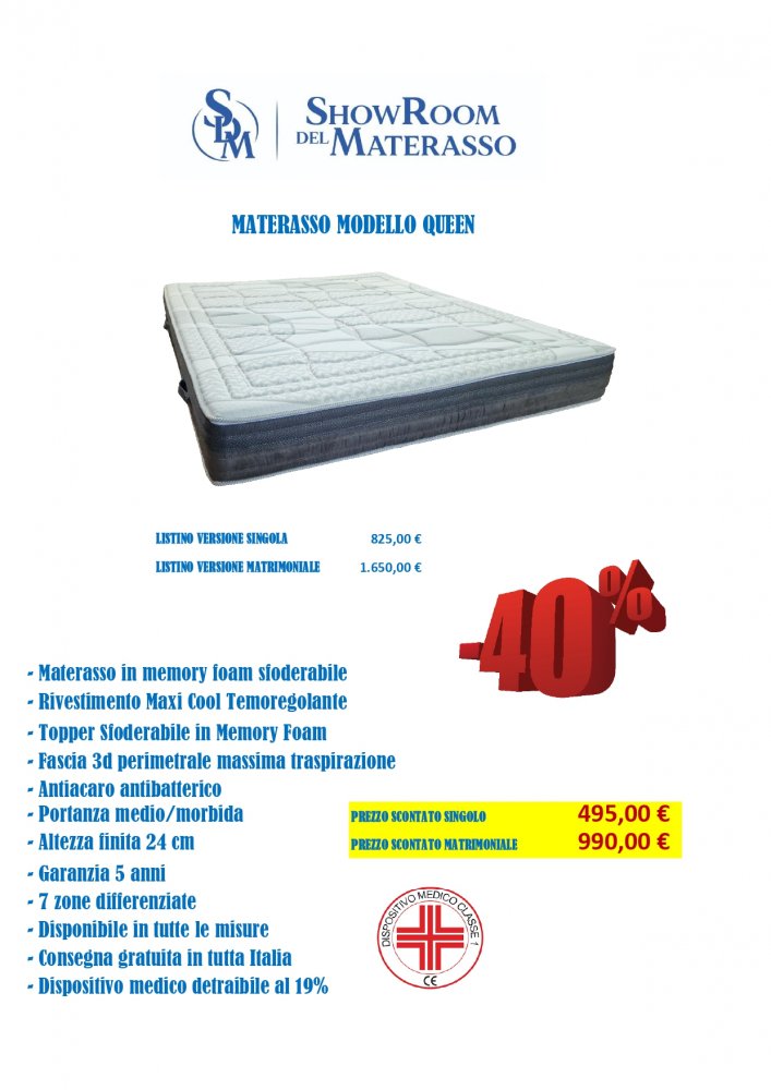 Materasso in Memory Foam Modello Queen - Dispositivo Medico Detraibile, tutte le misure disponibili