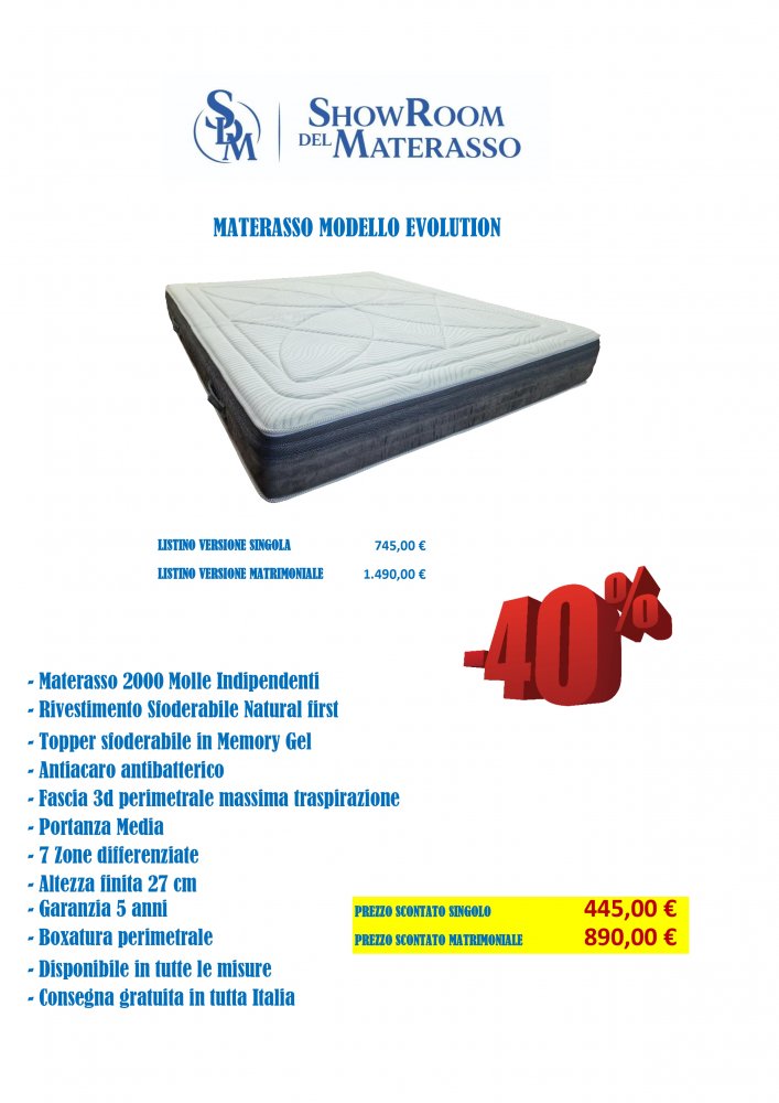 Materasso 2000 Molle Indipendenti Memory Foam Modello Evolution - Tutte le misure disponibili